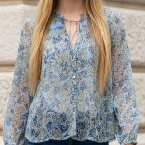 Free People Sheer Blue Floral Blouse